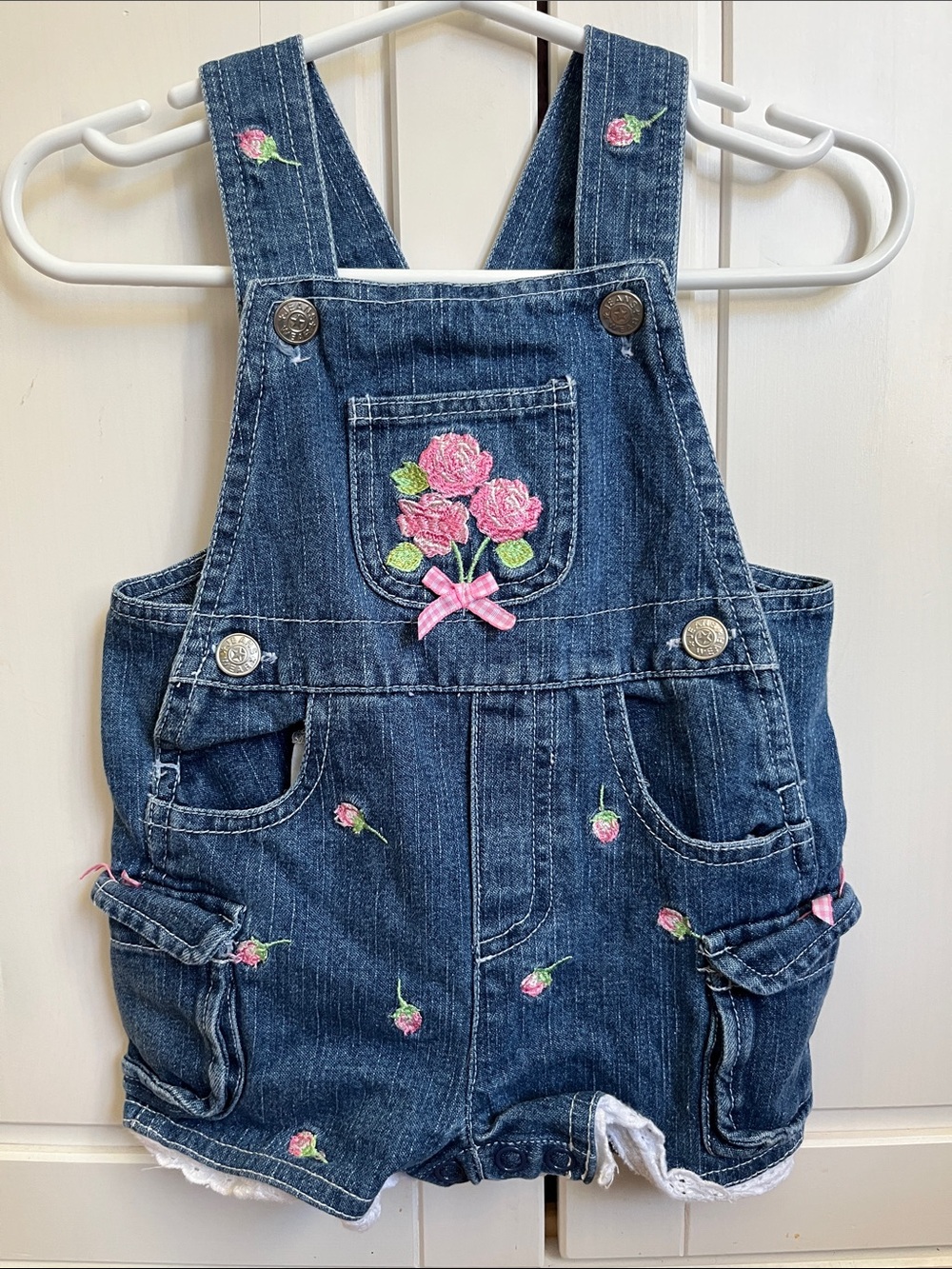 Vintage Denim Pink Rose Embroidered Kids Overalls 3-6M